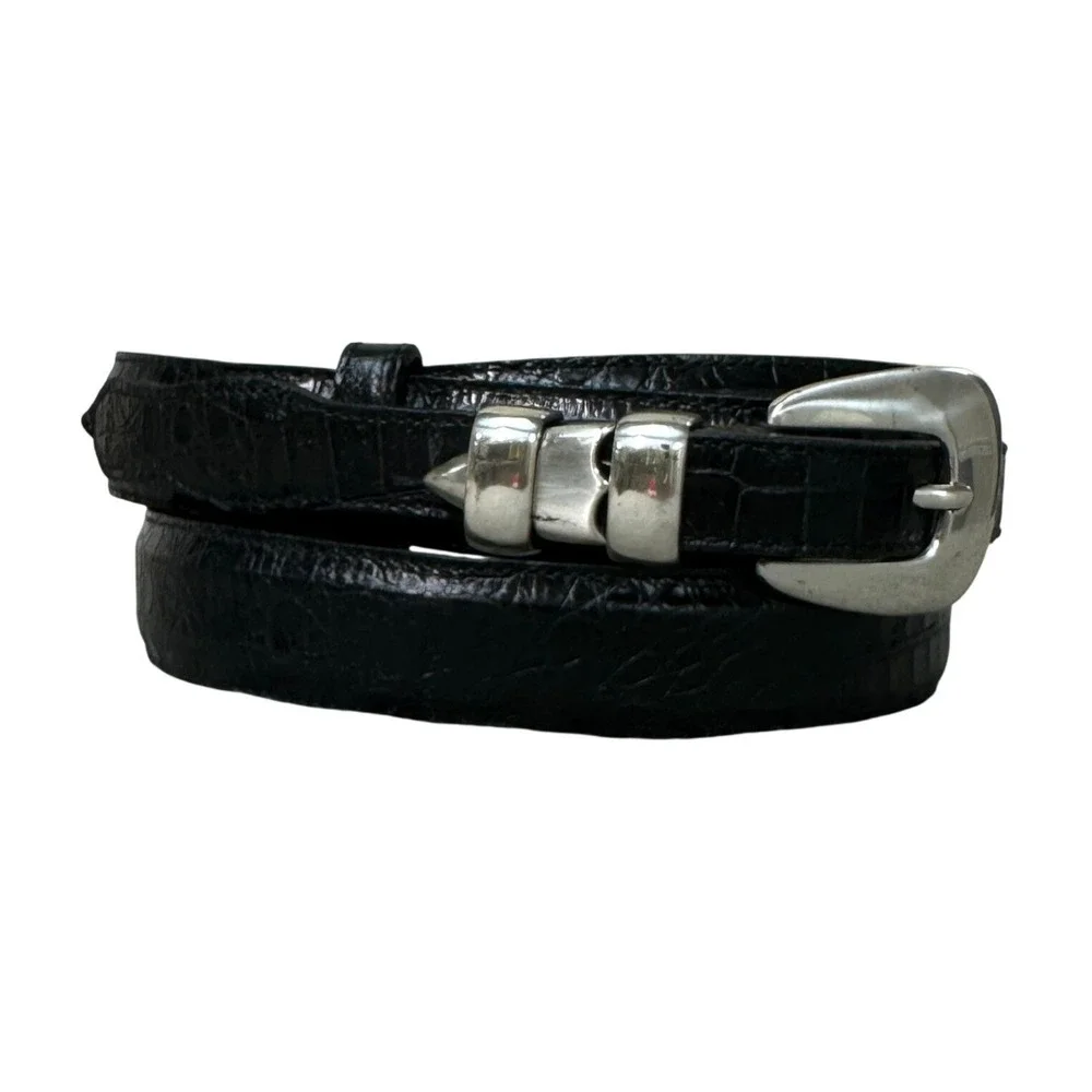 Mens Black Italian Calfskin Croc Embossed Western Ranger Belt Silver Hardware 42